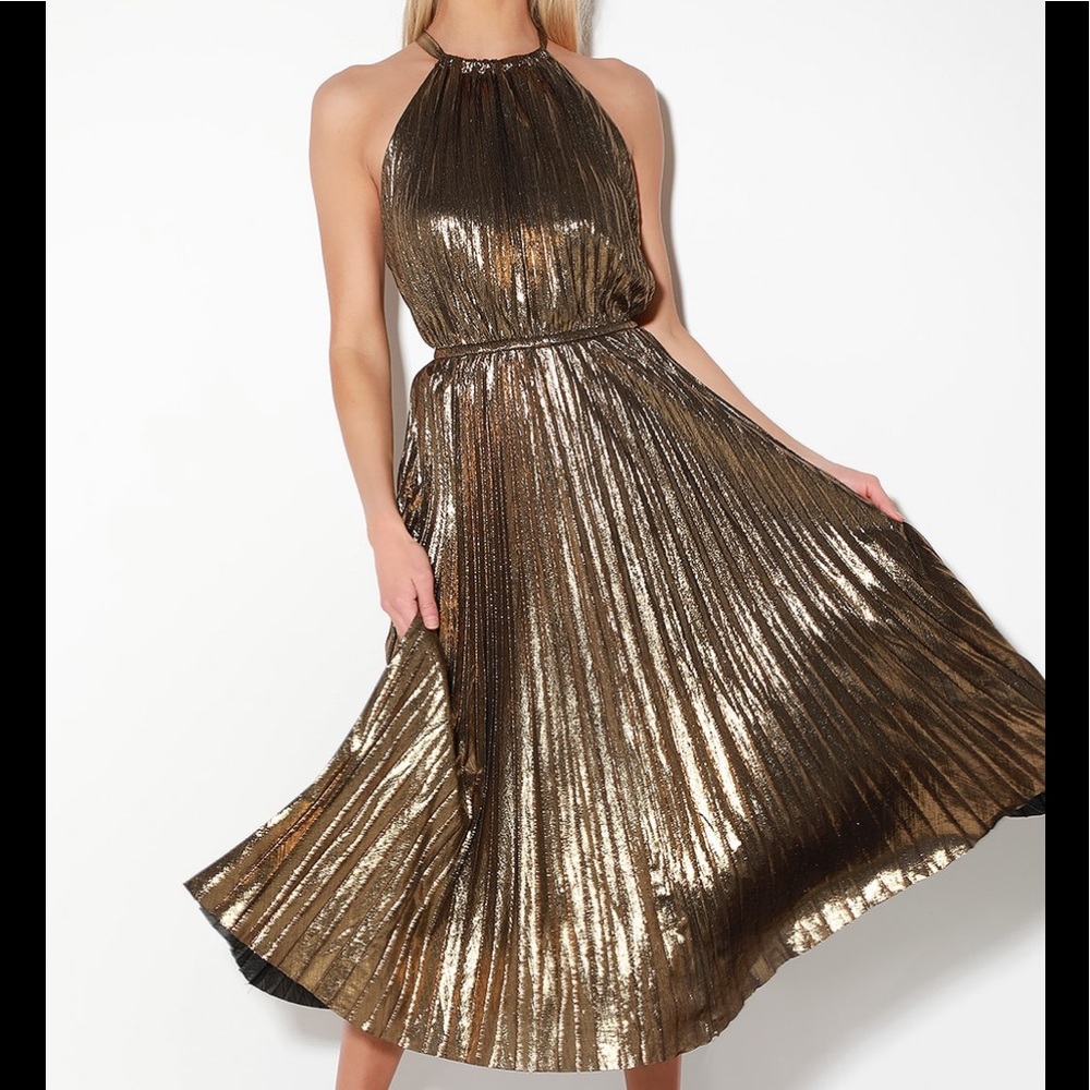 Lulu’s Gold Pleated Halter Midi Dress